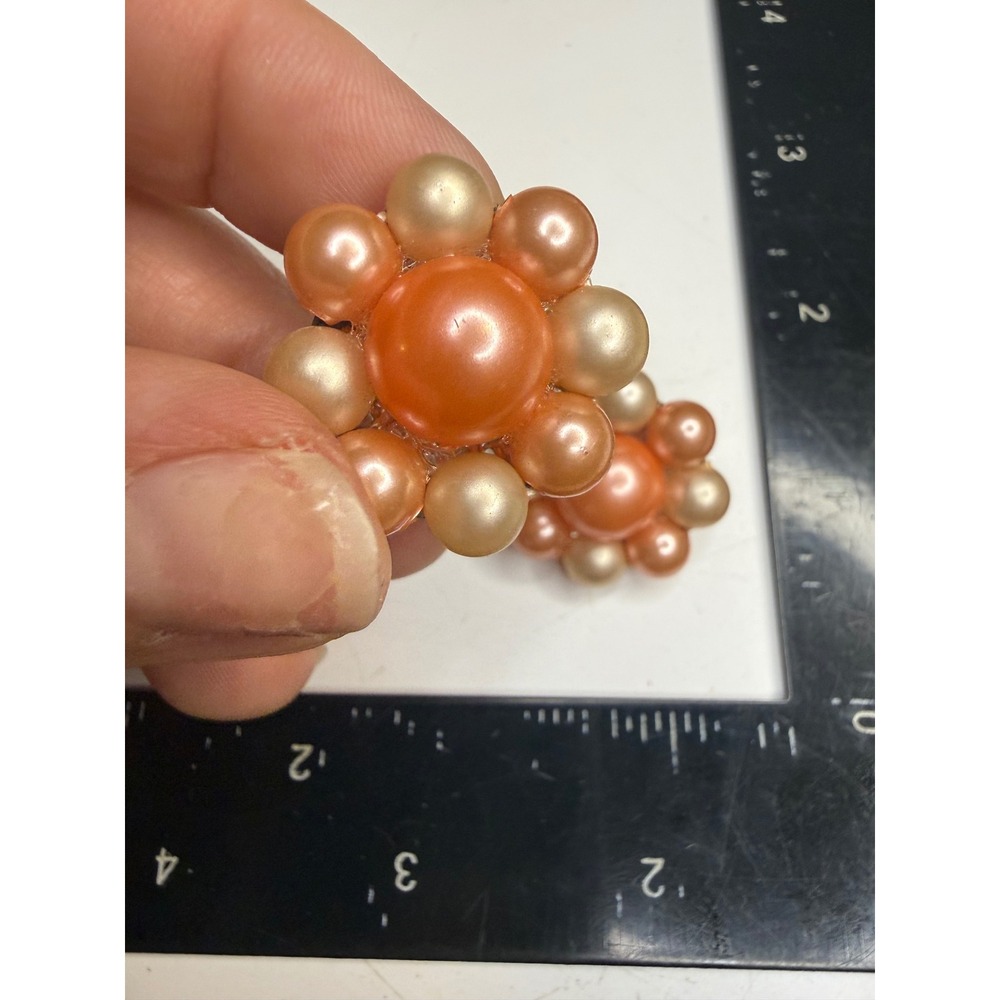 Vintage Peach Coral Faux Pearl Flower Cluster Clip On Earrings Silver Tone 1in